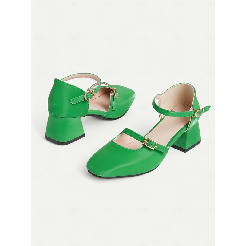Women's Retro Mary Jane Block Heel Shoes – Vibrant Green Patent Leather with Adjustable Straps, Perfect for Office, Parties, and Casual Outfits3