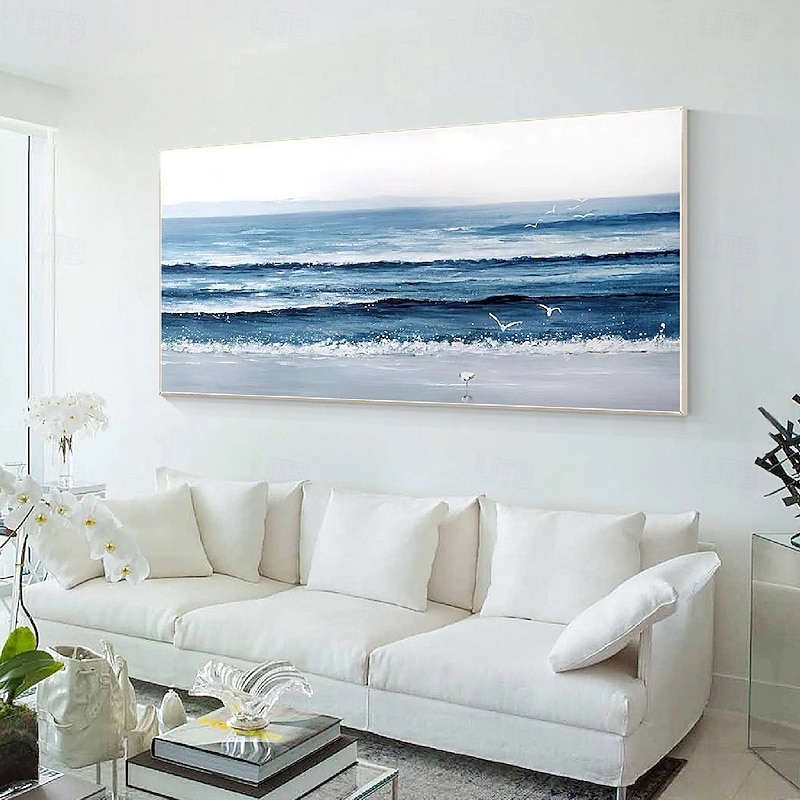 Original White Ocean Wave Art Beach Abstract Painting White Wall Art Blue 3D Texture Painting Brown Beach Wall Art Modern Pastel Room Decor4