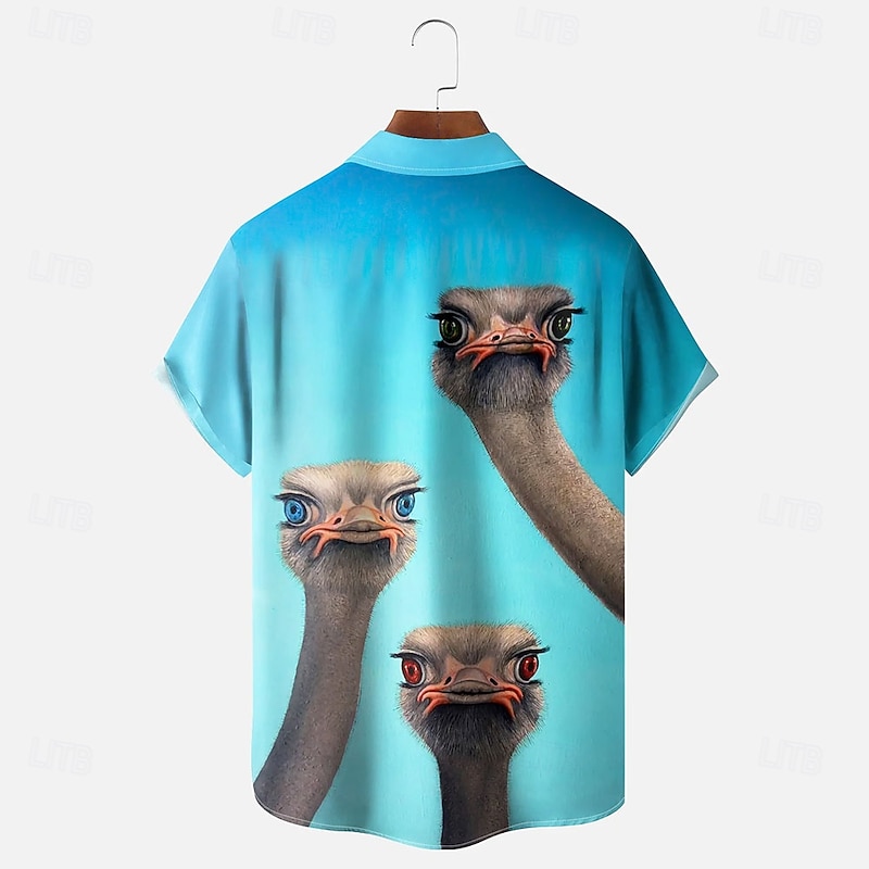 Men's Animal Funny Ostriches Shirt Button Up Shirt Short Sleeve Fashion Casual Vacation Beach Wear Summer Spring Turndown 3D Print Collared Shirts Front One Pocket Blue2