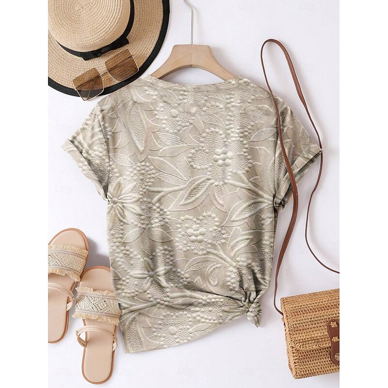 Women's T Shirt 3D Print Floral Casual Short Sleeve Round Neck Regular Tops Daily Print Beige Summer2