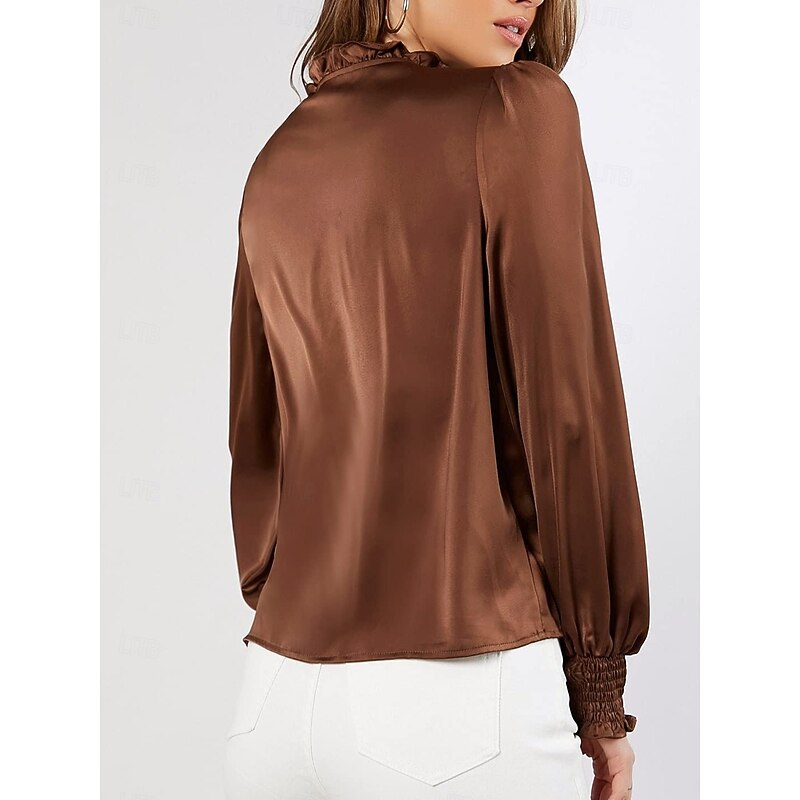 Women's Shirt Elegant Dressy Satin Solid Color Business Modern Casual Long Sleeve Turtleneck Regular Tops Work Formal Wear Lace up Ruffle Brown Rose Pink Summer Spring4