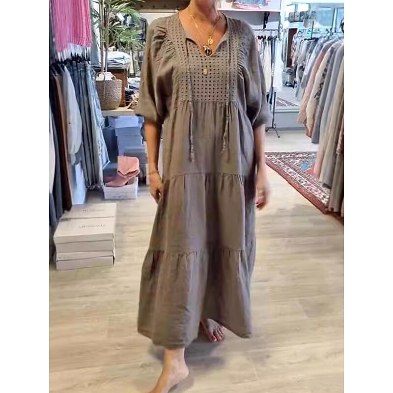 Women's Maxi Dress Linen-Inspired Dresses White Dress Sundress White Cotton Dress Casual Vacation Daily Loose Fit 3/4 Length Sleeve Notched Neck Khaki Beige Summer Spring