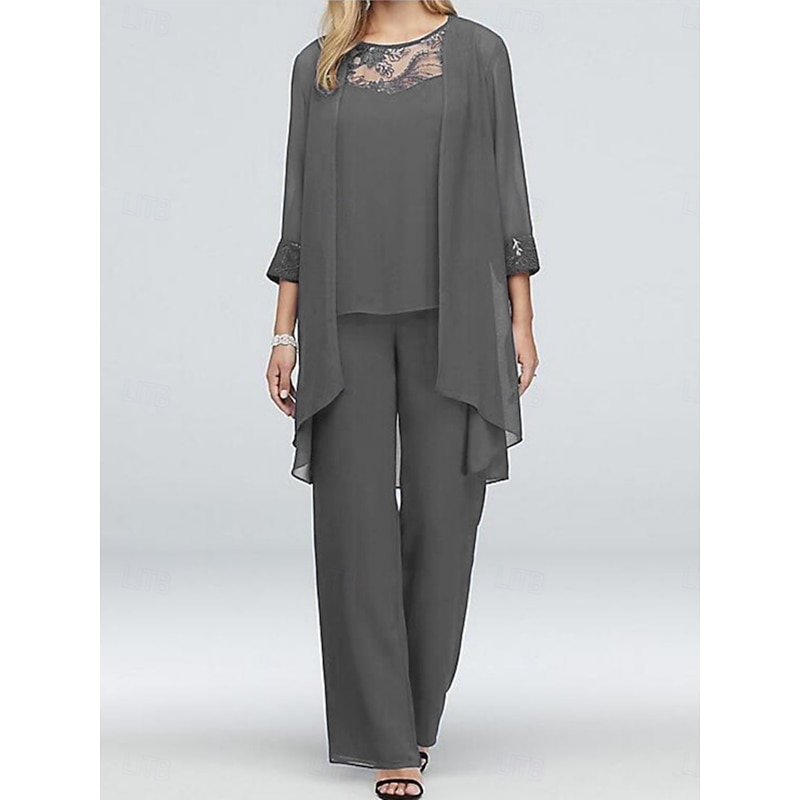 Women's Fashion Streetwear Daily Shirt Lace Shirt Wide Leg Pants 3/4 Length Sleeve Crew Neck Plain Lace Patchwork Casual Daily Black Blue Gray Summer Regular Fit