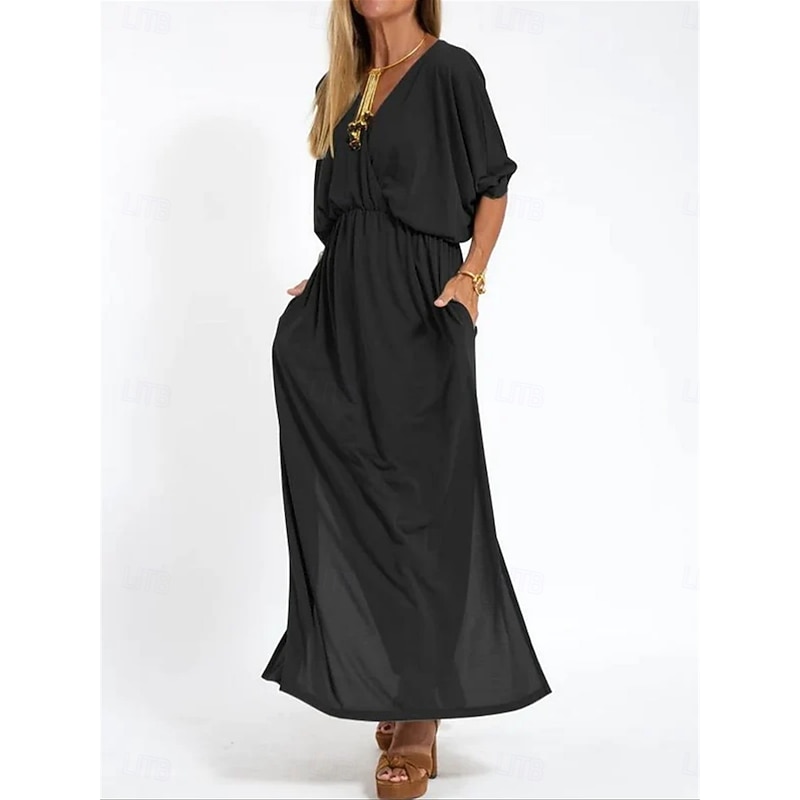 Women's Maxi Dress Casual Dress A Line Dress Stylish Basic Casual Vacation Daily Regular Fit Plain Half Sleeve V Neck Black Army Green Summer Spring4