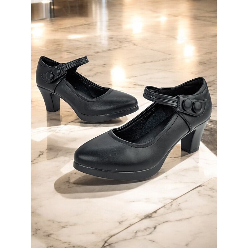 Women's Black High Heel Mary Jane Pumps - Round Toe, Stylish Ankle Strap with Button Detail, Perfect for Office or Casual Wear3