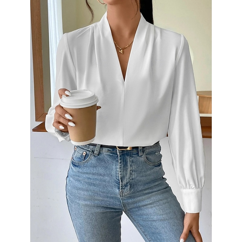 Women's Shirt Blouse Solid Color Stylish Casual Long Sleeve V Neck Regular Tops Daily Buttons Pocket Black White Yellow Blue Green Summer Spring