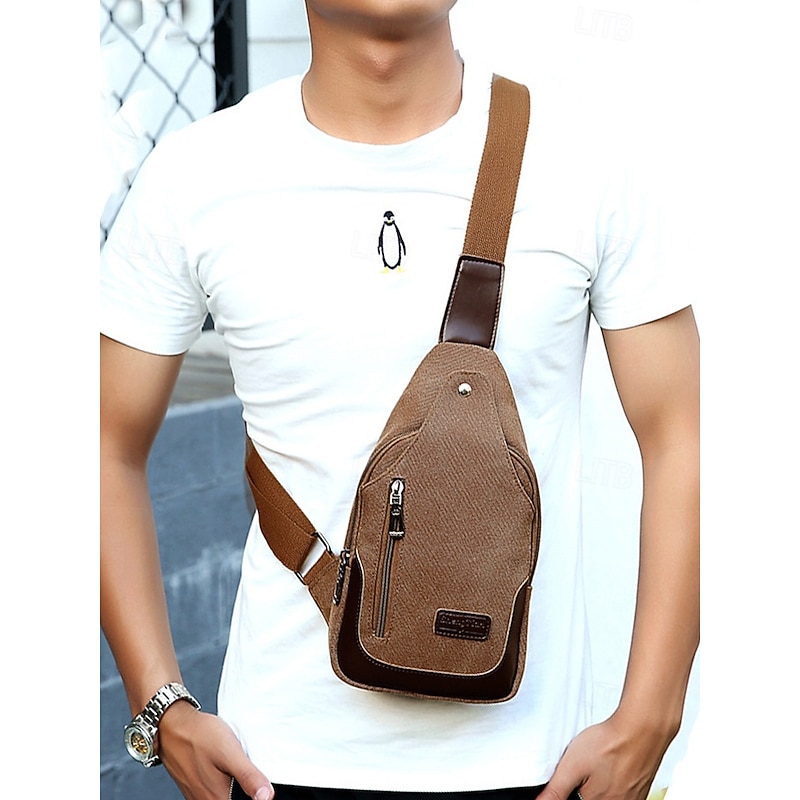 Men's Canvas Sling Bag - Durable Crossbody Shoulder Backpack with Zipper Pockets, Casual Style for Travel, Hiking and Daily Use Black Army Green Blue2