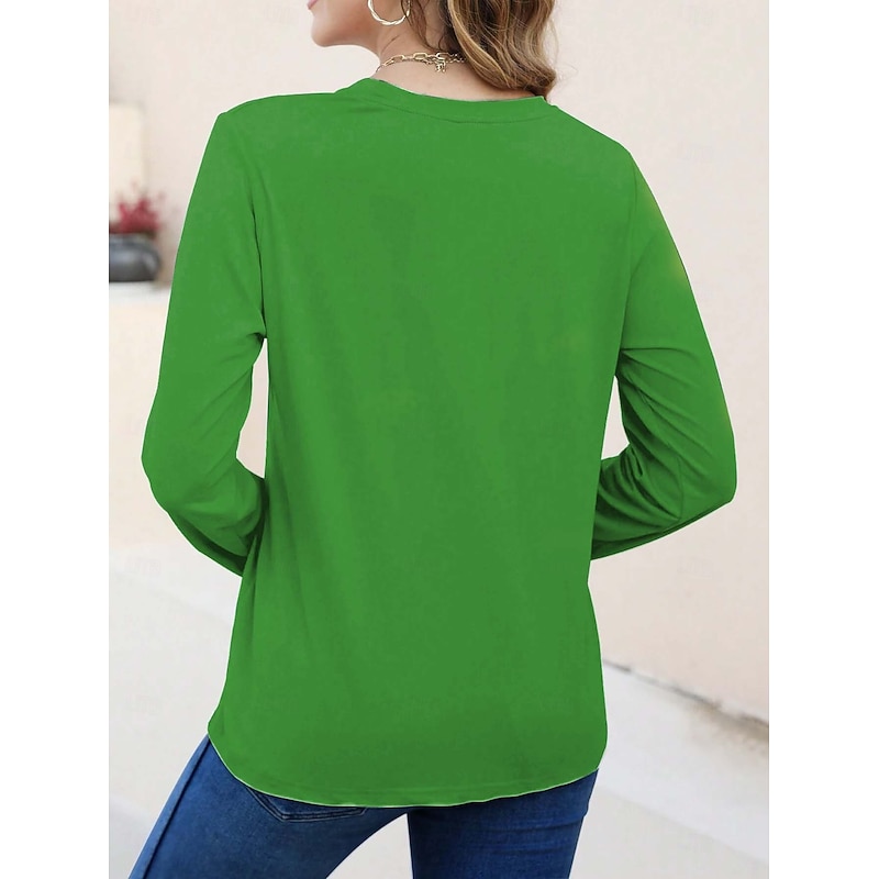 St. Patrick's Day Women's T shirt Crew Neck Long Sleeve Tunic Shamrock Casual  Regular Tops Daily Print Green Spring Fall2