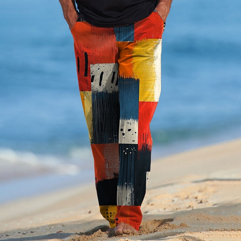 Men's Color Block Patchwork Trousers Casual Pants Drawstring Elastic Waist Hawaiian Casual Vintage Retro Outdoor Vacation Holiday Side Pockets Straight Leg Trousers Summer Spring Fall 3D Print Yellow