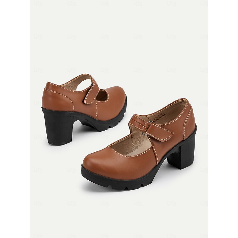 Women's Brown Mary Jane Heels with Velcro Strap – Comfortable Chunky Heeled Shoes for Casual and Everyday Wear3