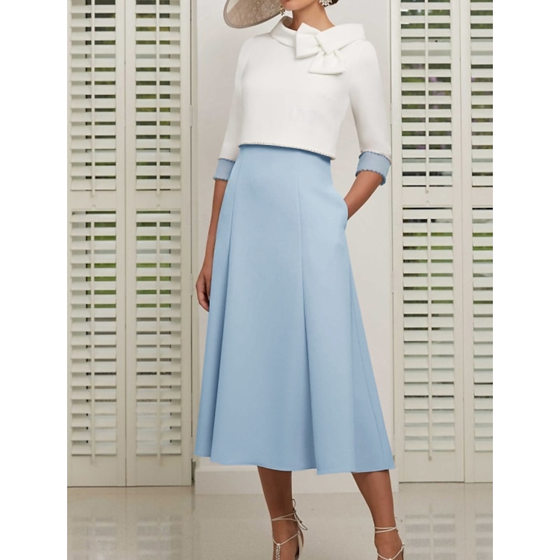 Two Piece Mother of the Bride Dress Wedding Guest Church Elegant Jewel Neck Ankle Length Stretch Satin 3/4 Length Sleeve Short Jacket Skirts with Bow(s) Race Day Dress4