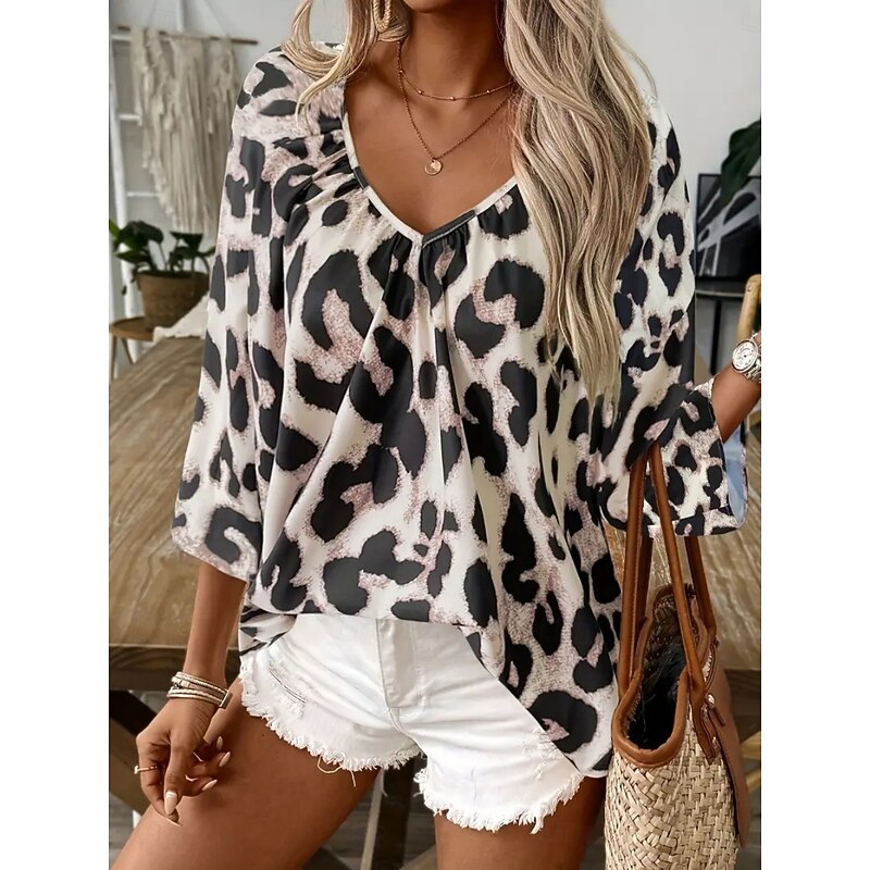Women's Shirt Blouse Leopard Stylish Casual 3/4 Length Sleeve V Neck Regular Tops Daily Print Leopard Summer Spring3