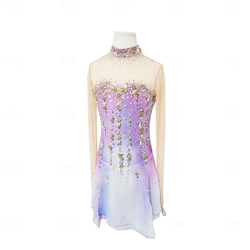 Figure Skating Dress Women's Girls' Ice Skating Dress Purple Thumbhole Halo Dyeing High Elasticity Professional Competition Skating Wear Thermal Warm Crystal / Rhinestone Long Sleeve Ice Skating2