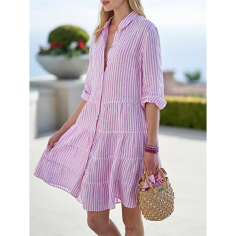 Women's Mini Dress Cotton Linen Dresses Shirt Dress Casual Dress Casual Vacation Daily Regular Fit Stripe 3/4 Length Sleeve Shirt Collar Pink Summer4