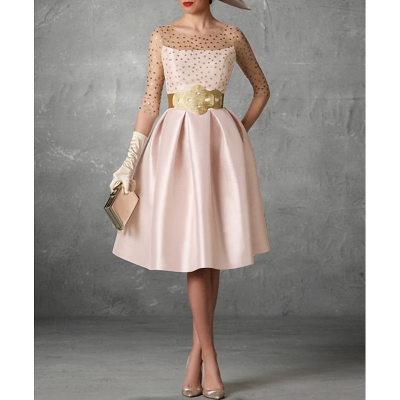 Beach Wedding A-Line Cocktail Dresses Elegant Dress Wedding Guest Kentucky Knee Length Half Sleeve Jewel Neck Pocket Satin with Buttons Pocket Dresses