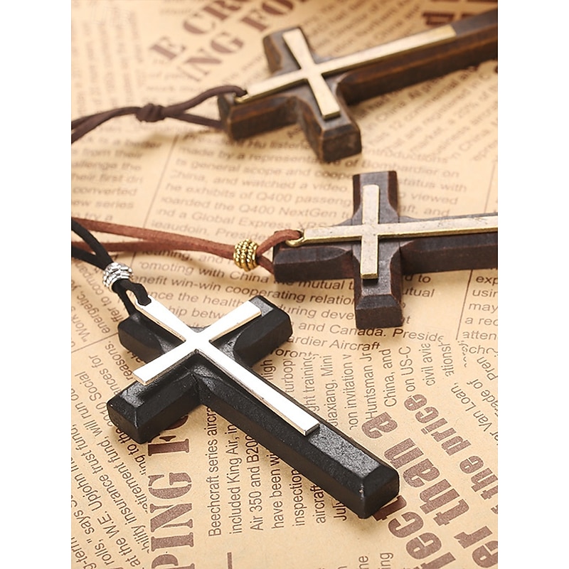 Wooden Cross Pendant Necklace for Men and Women – Vintage Religious Design with Leather Cord, Ideal for Everyday Wear and Spiritual Occasions3
