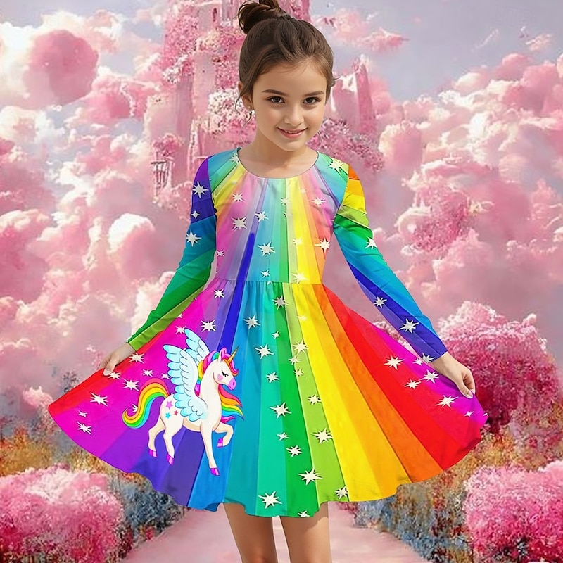 Girls' 3D Graphic Unicorn Dress Long Sleeve Summer Spring Vacation Daily Holiday Princess Beautiful Sweet Kids 4-12 Years Casual Dress A Line Dress Knee-length Regular Fit
