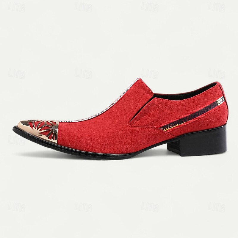 Men's Red Leather Suede Slip-On Shoes with Metal Toe Cap and Fashion Strap - Elegant Western Style for Formal Events and Parties4