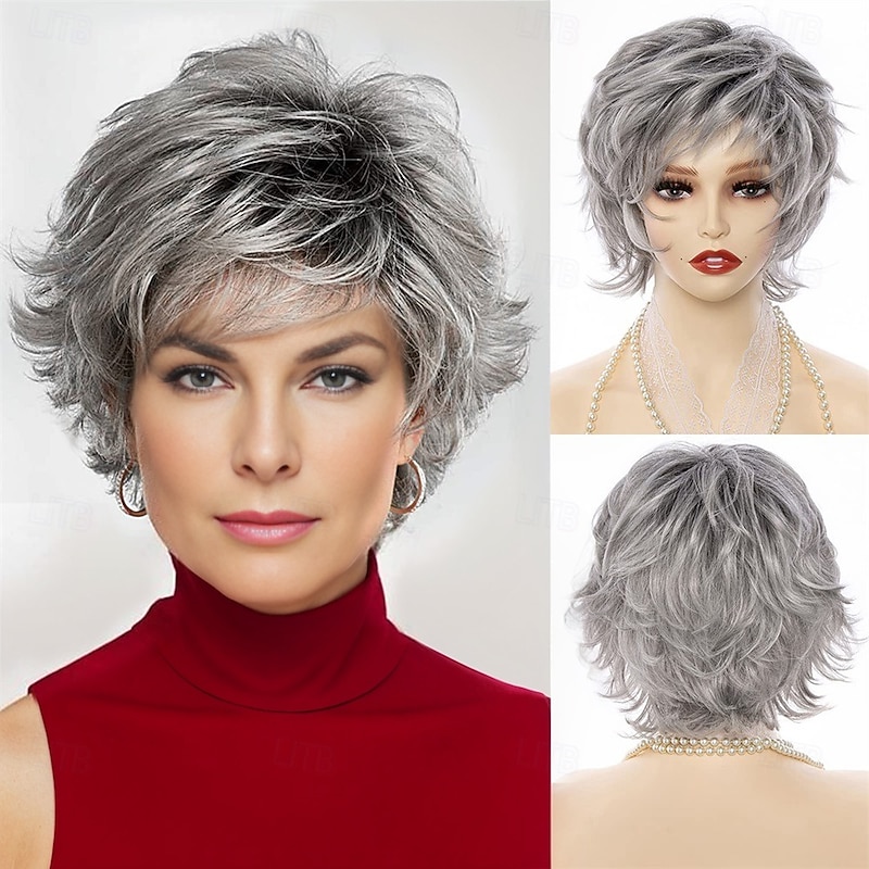 Gray Ombre Wig Pixie Cut Wig with Bangs for White WomenLight Gray Ombre Synthetic Short Curly Hair Wig Womens Short Wigs Gray Pixie Wig for Women Fluffy Layered Synthetic Hair Ash Black Wig Grey