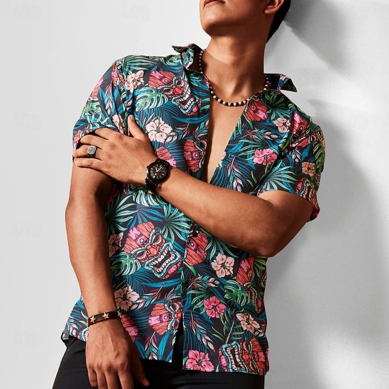 Men's Retro Ethnic Tiki Summer Hawaiian Shirt Aloha Shirt Short Sleeve Hawaiian Resort Vacation Holiday Beach Wear Summer Spring Turndown Button Up Blue