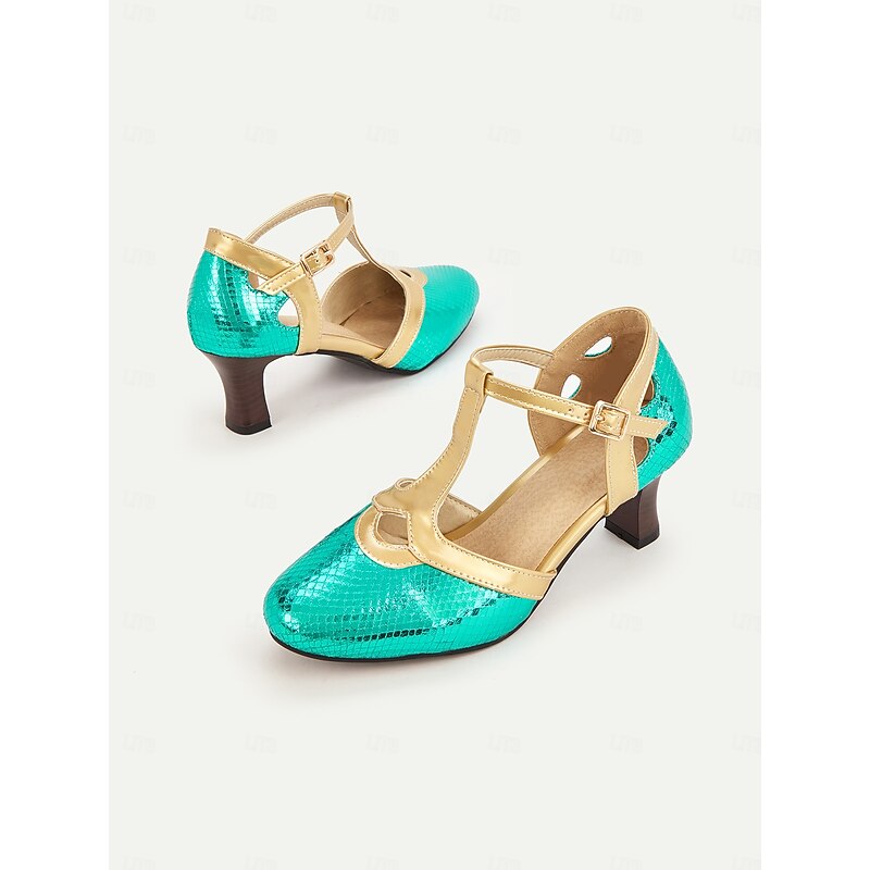 Women's Green and Gold T-Strap Shoes with Snakeskin Pattern Mid Heel and Vintage Gatsby Style for Ballroom Performances and Formal Events4