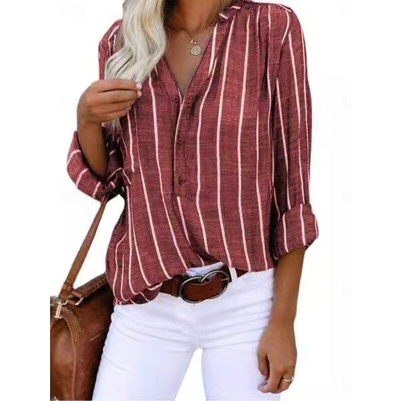 Women's Shirt Blouse Striped Stylish Casual Long Sleeve Shirt Collar Regular Tops Daily Buttons Print White Khaki Gray Summer Spring4