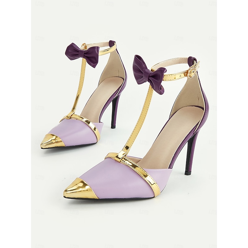 Women's Lavender T-Strap Stiletto Heels with Gold Accents and Bow Details, Elegant Party and Evening Shoes for Special Occasions2