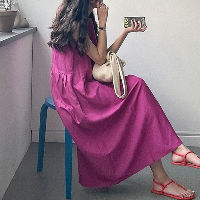 Women's Long Dress Maxi Dress Linen-Inspired Dresses Casual Dress Stylish Casual Vacation Daily Date Regular Fit Plain Sleeveless Crew Neck Yellow Purple Summer Spring4