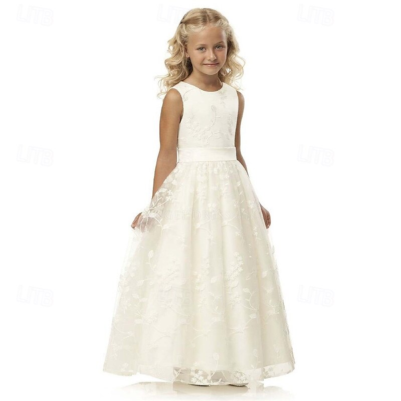 Flower Girl Dress Kid's Girls' Princess Dress Performance Wedding Party Elegant Beautiful Lace Mesh Solid Color Sleeveless Crew Neck Light Yellow White 4 years+4