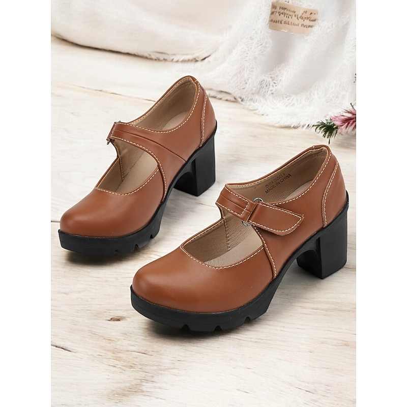 Women's Brown Mary Jane Heels with Velcro Strap – Comfortable Chunky Heeled Shoes for Casual and Everyday Wear2