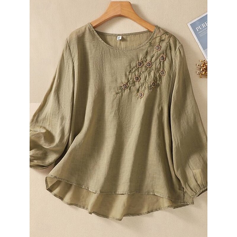 Women's Shirt Blouse Cotton Linen Shirts Solid Color Basic Casual Long Sleeve Crew Neck Regular Tops Daily Embroidered White Pink Fuchsia Green Summer Spring