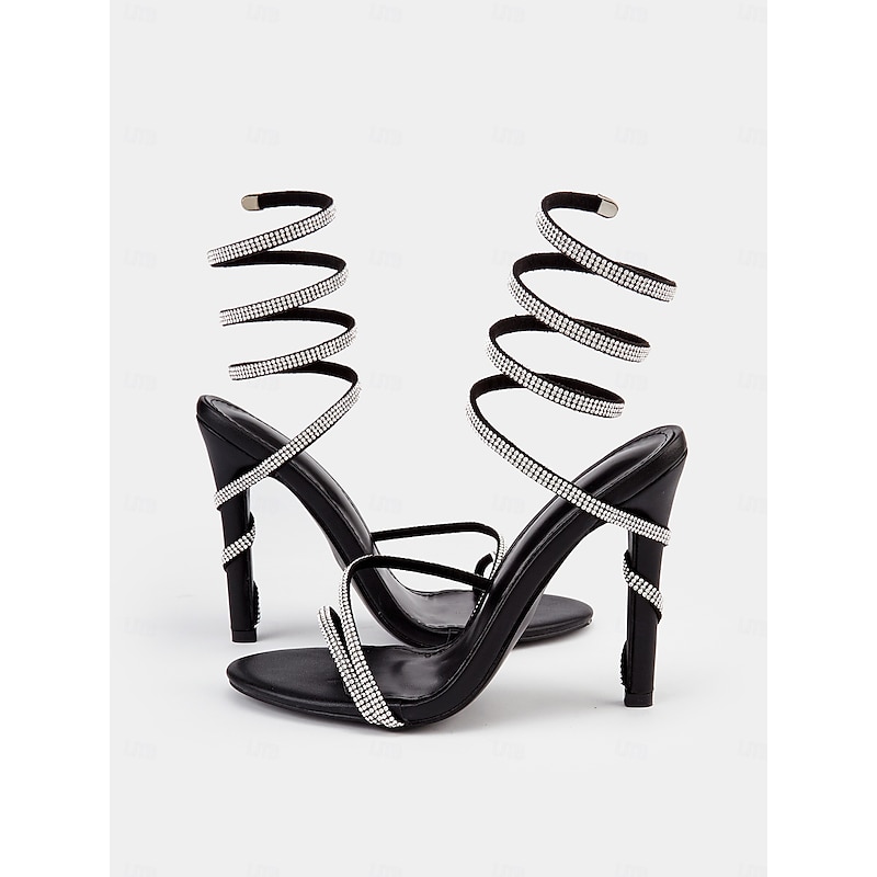 Black Rhinestone Wraparound Stiletto Sandals - Glamorous Women's Evening Heels With Sparkling Rhinestones, Perfect for Parties, Weddings,and Formal Events.3