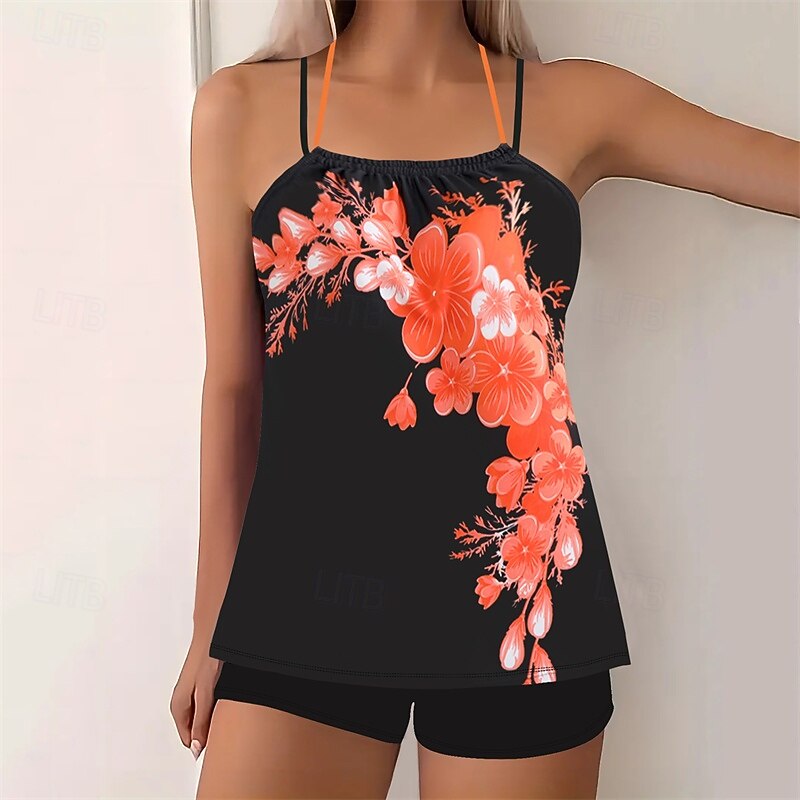 Women's Tankini Two Piece Swimsuit Backless Criss Cross Swimwear Floral Swimwear Pink Sky Blue Breathable Quick Dry Lightweight Sleeveless - Swimming Surfing Beach Summer Spring