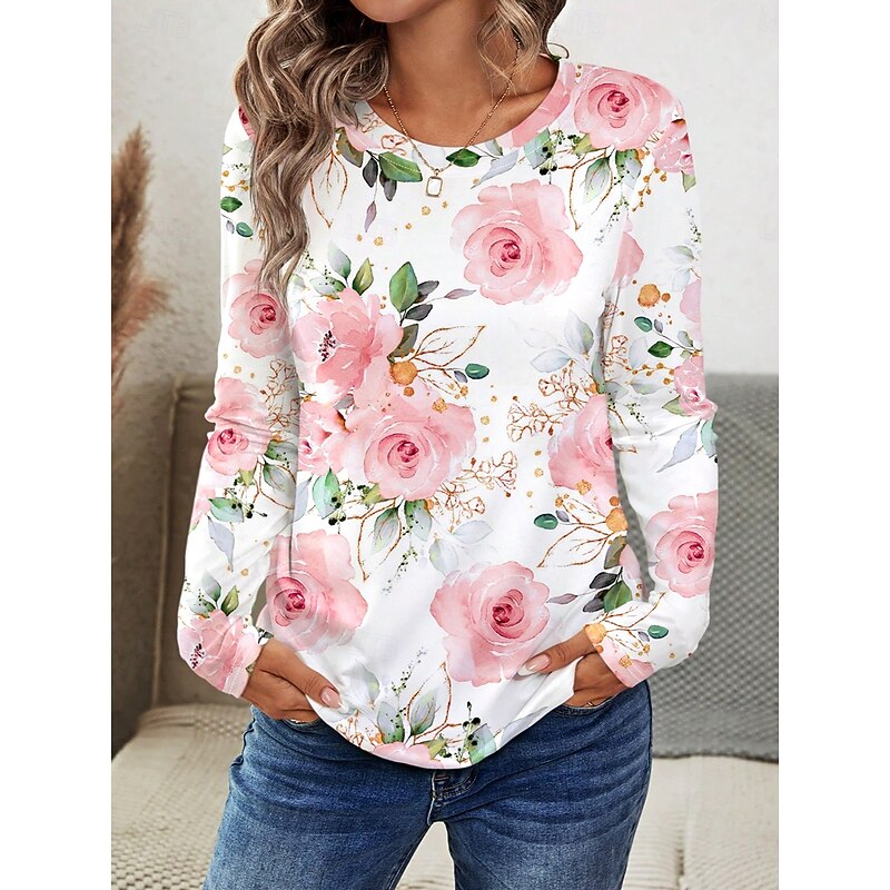 Women's T shirt Crew Neck Long Sleeve Tunic Floral Graphic Casual  Regular Tops Daily Print Pink Spring Fall3