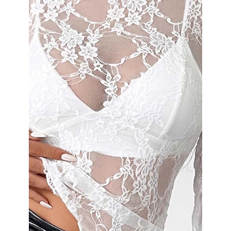Women's Lace Splicing Top Sexy Long Sleeve Crew Neck Regular Tops Lace Black White Summer Spring3