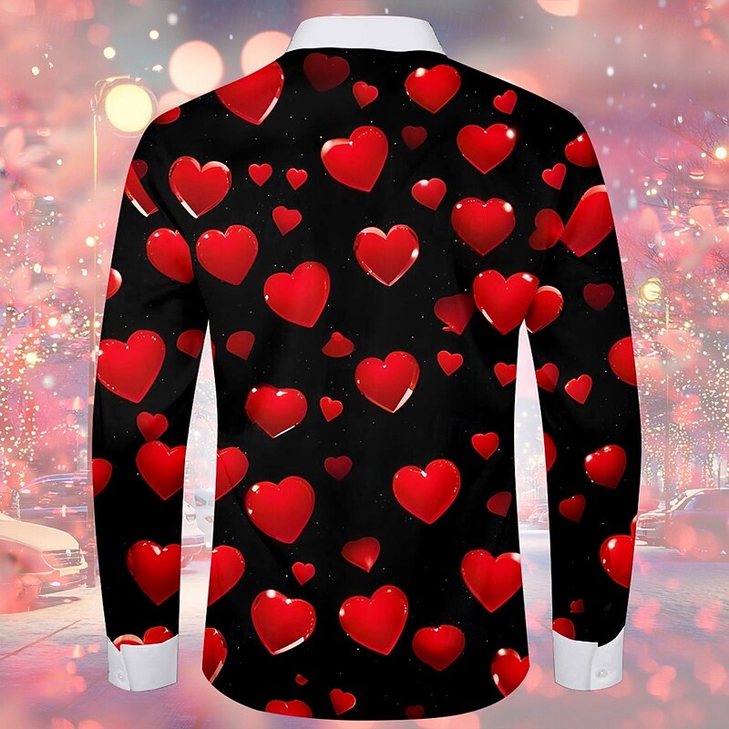 Valentine's Day Men's Heart Costume Shirt Button Up Shirt Long Sleeve Fashion Casual Gift Holiday Festival Summer Fall Turndown 3D Print Collared Shirts Black2