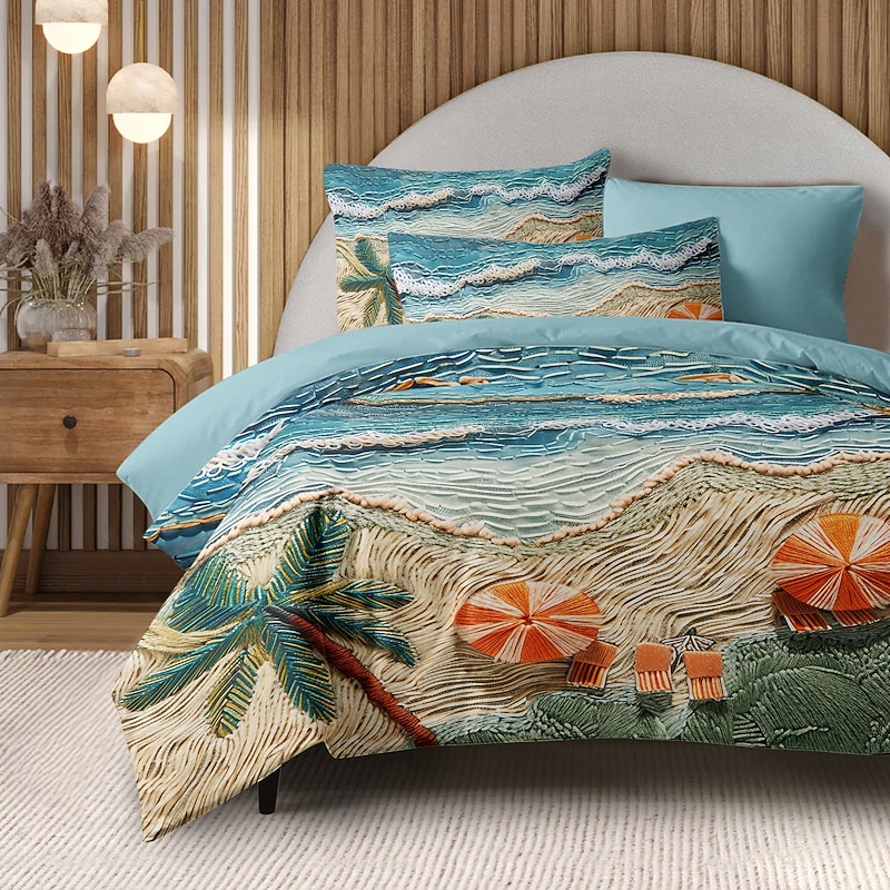 Summer Seaside Duvet Cover Set Cotton Aqua Ocean Pattern Set Soft 3-Piece Luxury Bedding Set Home Decor Gift Twin Full King Queen Size Duvet Cover