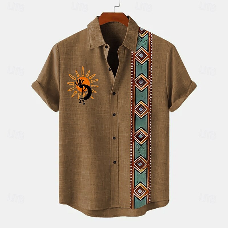 Men's Shirt Linen Shirt Summer Hawaiian Shirt Retro Shirts Vintage Shirt Ethnic Shirt Daily Green khaki Beige Short Sleeve Turndown Summer Spring Clothing Apparel4