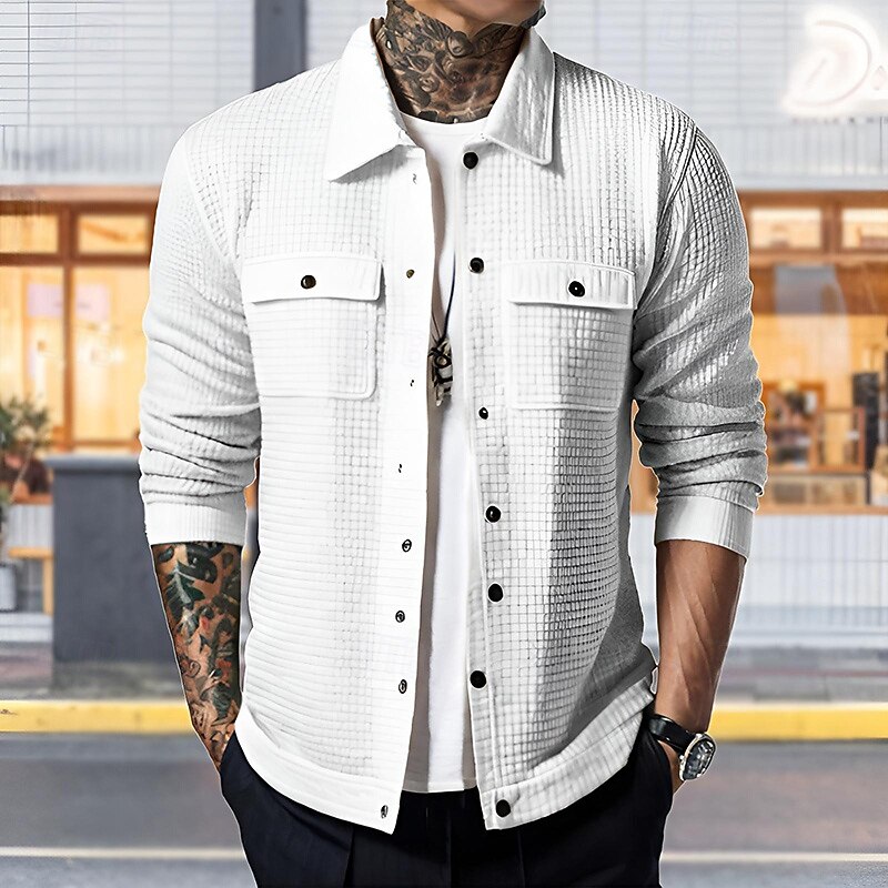 Men's Shirt Jacket Overshirts Transition Jacket Daily Lightweight Pocket Spring Plain Streetwear Lapel Regular White Khaki Jacket