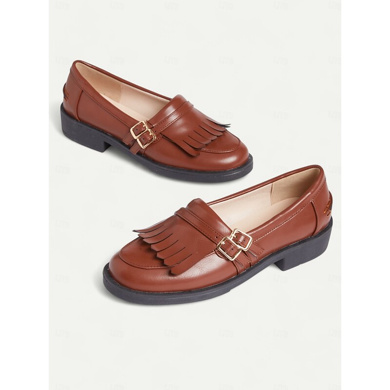 Women's Brown Faux Leather Loafers with Fringe Detailing and Low Heel for Casual Wear and Office Style2
