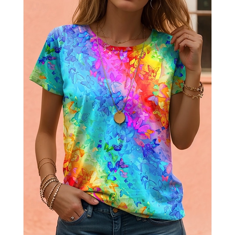Women's T Shirt Gradient Casual Short Sleeve Round Neck Regular Tops Daily Print Blue Purple Green Rainbow Summer