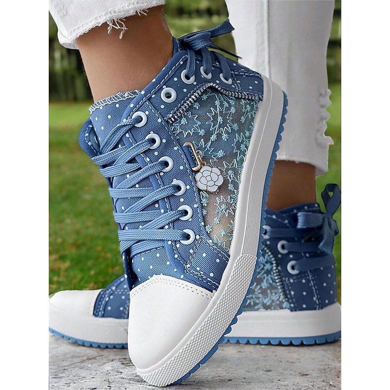 Women's Blue Lace-Up High-Top Canvas Sneakers with Embroidered Mesh Panels, Polka Dot Design for Casual and Outdoor Wear2