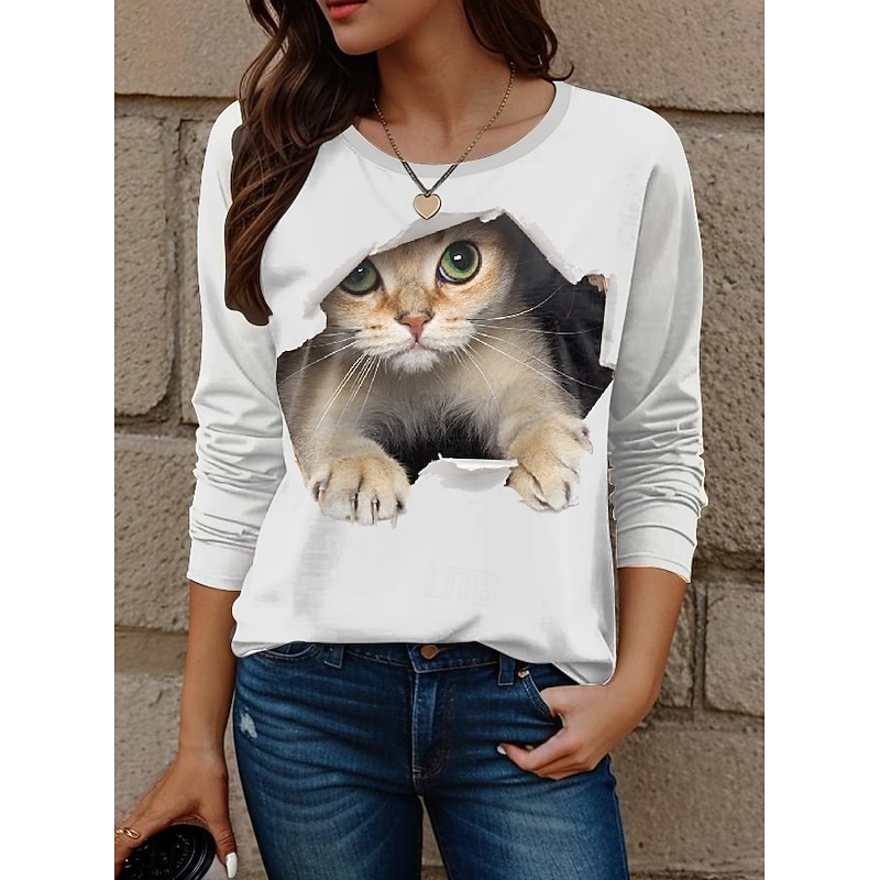 Women's T shirt Crew Neck Long Sleeve Tunic Cat Modern Casual  Regular Tops Daily Weekend Print White Yellow Red Blue Dusty Blue Fall Winter4