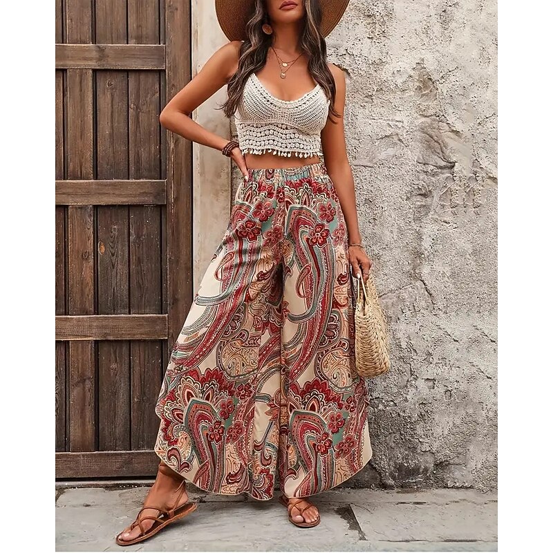 Women's Wide Leg Pants Trousers Lightweight Casual Full Length Mid Rise Floral Graphic Printing Breathability Comfortable Inelastic Home Casual Daily Brown Summer Spring Regular Fit3