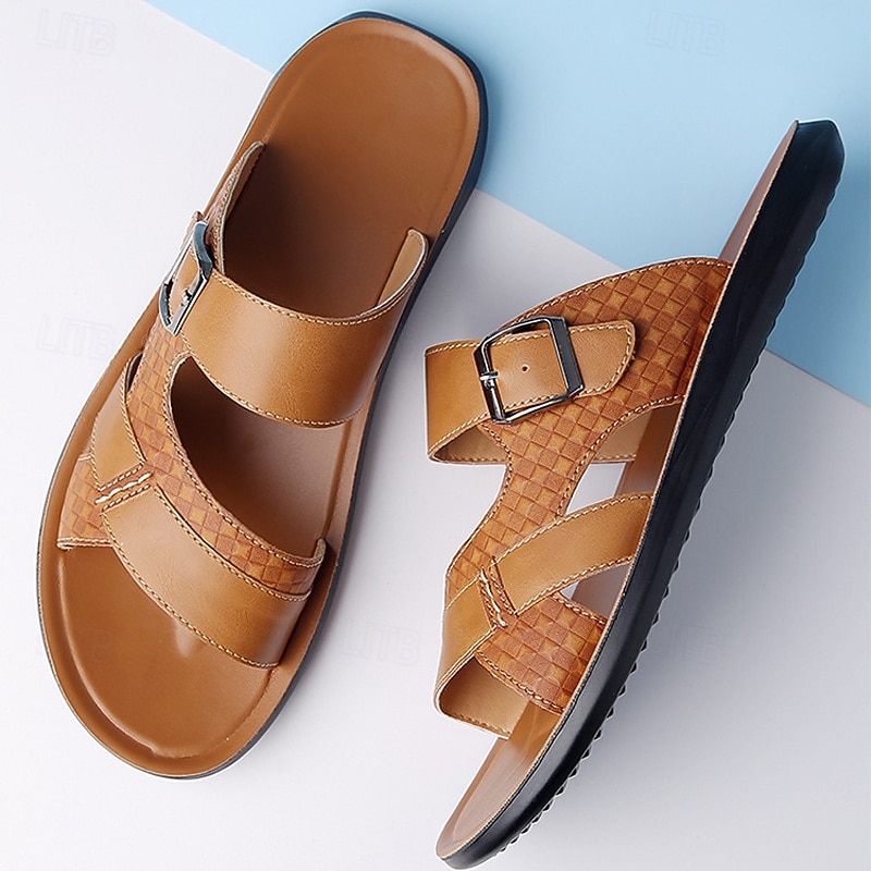 Men's Tan Faux Leather Buckle Strap Sandals – Stylish Summer Slides with Textured Design and Non-Slip Sole for Casual Outdoor Wear4