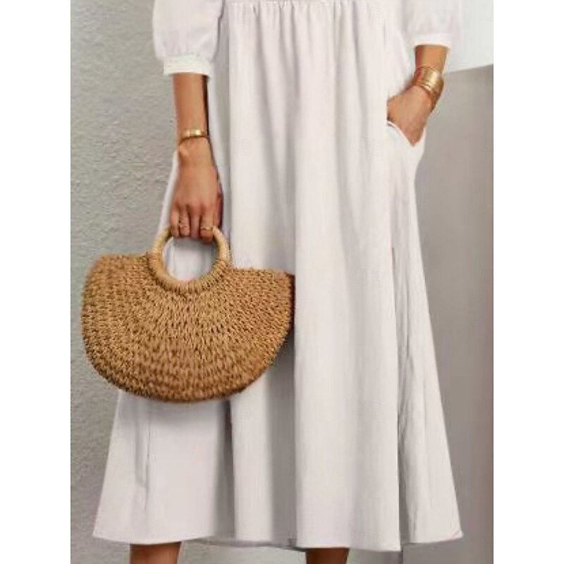 Women's Midi Dress Cotton Linen Dresses Casual Dress Basic Casual Vacation Daily Regular Fit Plain 3/4 Length Sleeve V Neck Black White Army Green Summer4