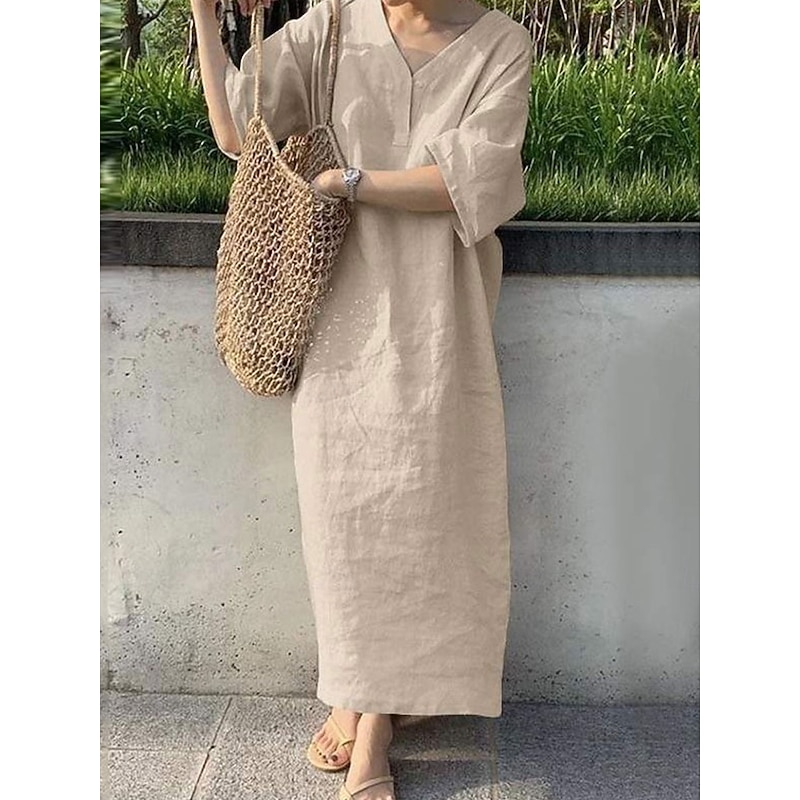 Women's Maxi Dress Cotton Linen Dresses Casual Dress Basic Casual Vacation Daily Date Regular Fit Plain Short Sleeve V Neck Khaki Army Green Dark Blue Gray Summer