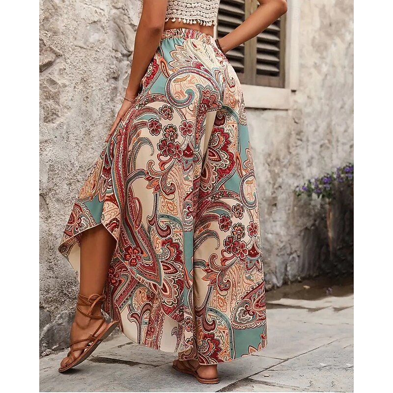 Women's Wide Leg Pants Trousers Lightweight Casual Full Length Mid Rise Floral Graphic Printing Breathability Comfortable Inelastic Home Casual Daily Brown Summer Spring Regular Fit4