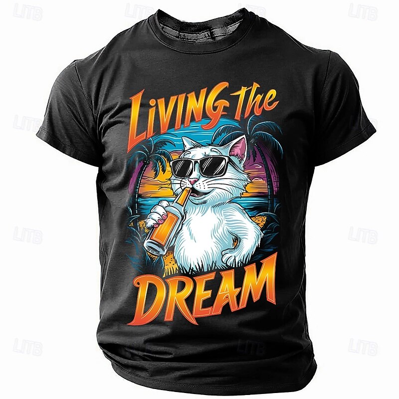 Men's Cat T Shirt Short Sleeve T shirt 3D Print Crew Neck Shirt Tropical Hawaiian Vacation Street Daily Black Blue Summer Spring Clothing Apparel S M L XL XXL XXXL