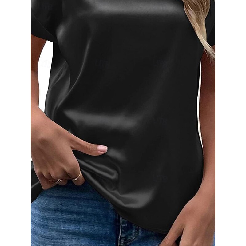 Women's T Shirt Solid Color Elegant Fashion Casual Short Sleeve Crew Neck Regular Tops Daily Going out Patchwork Black Pink Summer Spring3